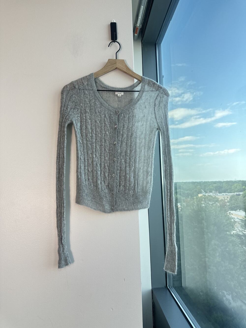 Aerie Light Gray Sheer Cable Knit Button Front Cardigan Sz SP